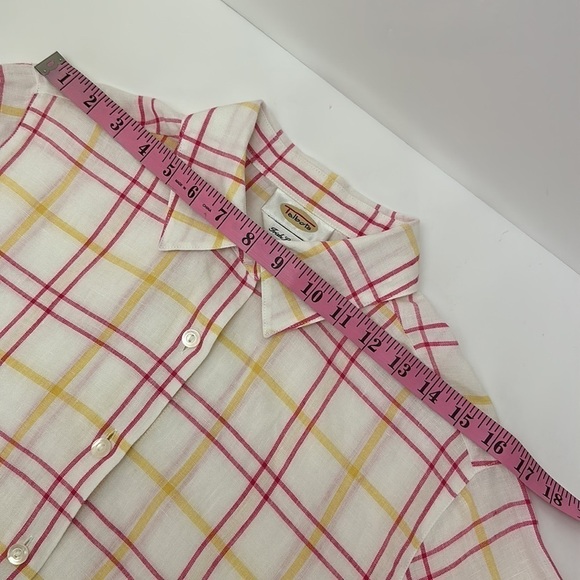 Talbots Irish Linen Windowpane Button Up Shirt Size 10 Long Sleeve Pink … - Picture 9 of 12